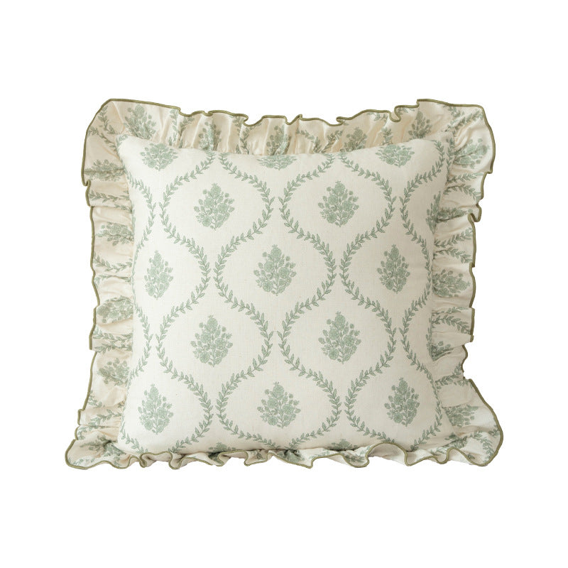Decorative cushion with ruffles and botanical linen pattern Stornfield