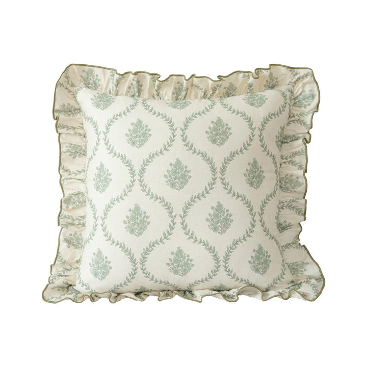 Decorative cushion with ruffles and botanical linen pattern Stornfield