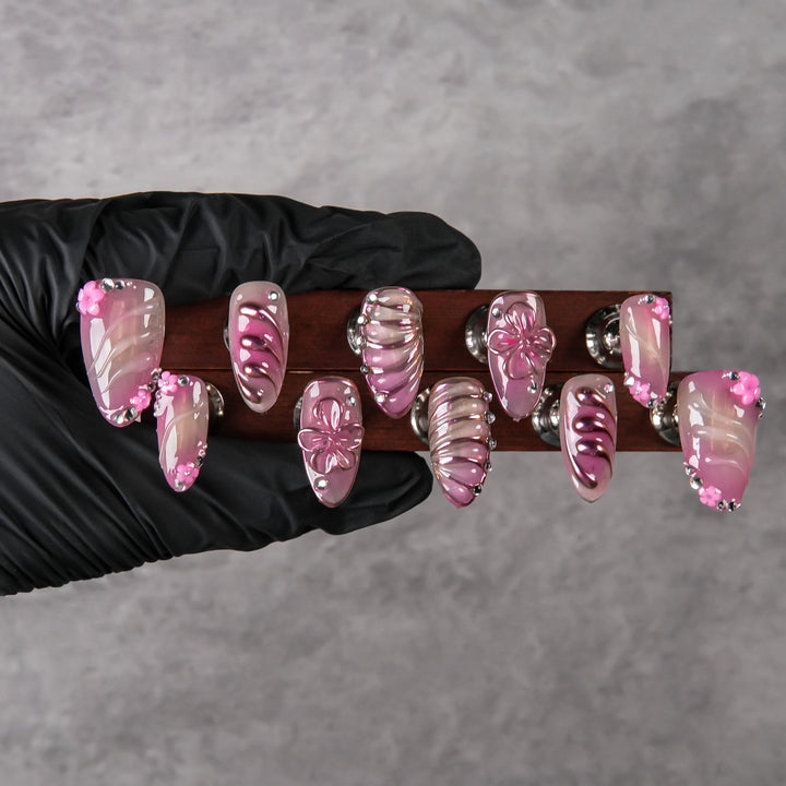 Artistic Press-On Nail Set with Jewel Accents
