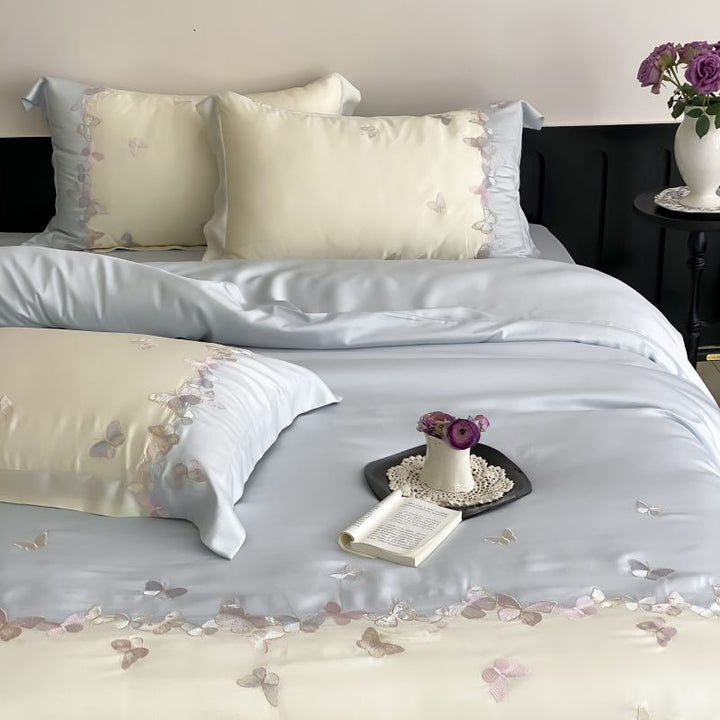 Embroidered Satin-Feel Duvet Cover Ensemble with Reversible Flat Sheet & Pillow Shams