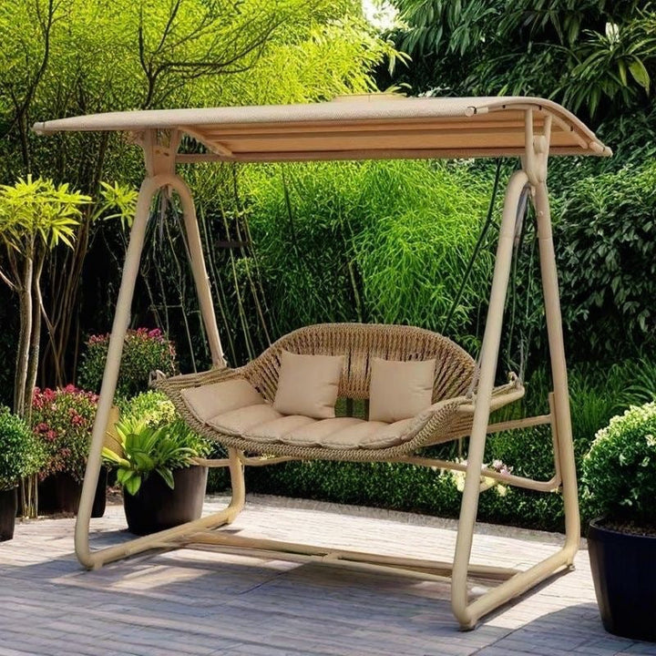 Woven rattan outdoor swing loveseat with padded cushions and powder-coated steel frame Stornfield