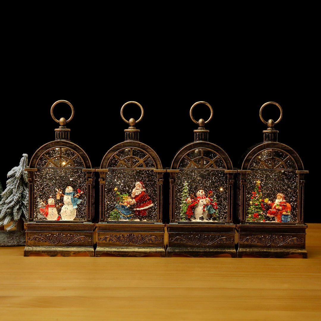 Nostalgic Christmas lantern with snowfall and moving Santa Claus scene Stornfield