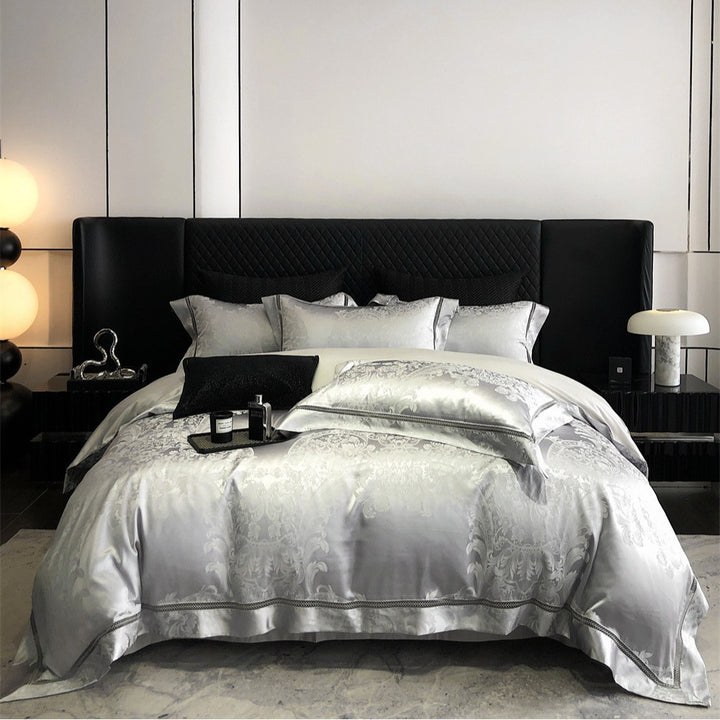 Silk-Feel Jacquard Duvet Cover Bedding Set with Decorative Embroidered Border