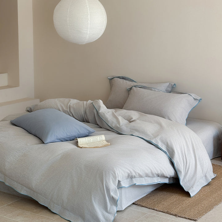 Washed Linen Cotton Duvet Cover Set with Flanged Pillowcases and Contrast Piping
