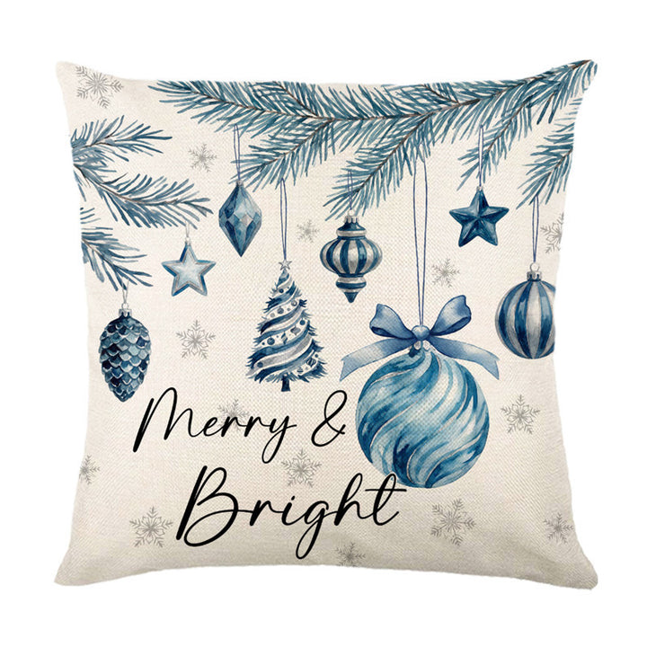 Holiday Cotton-Linen Square Throw Pillow Cover with Watercolor Ornament Illustration and Merry & Bright Script