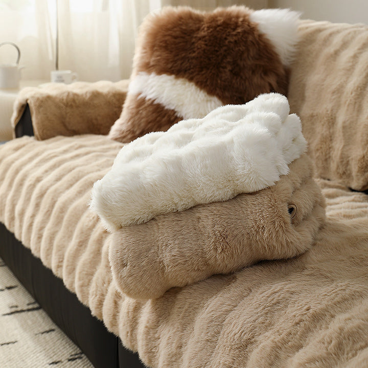 High-pile sofa cover set made of faux fur with seat, back and armrest covers Stornfield