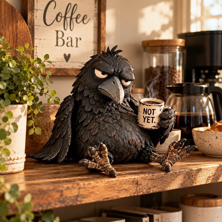 Quirky Raven Sculpture with Coffee Cup Stornfield