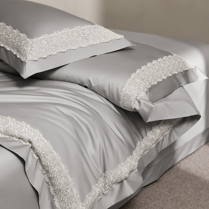Luxury Sateen Duvet Cover Ensemble with Scalloped Lace Border and Tailored Bed Skirt