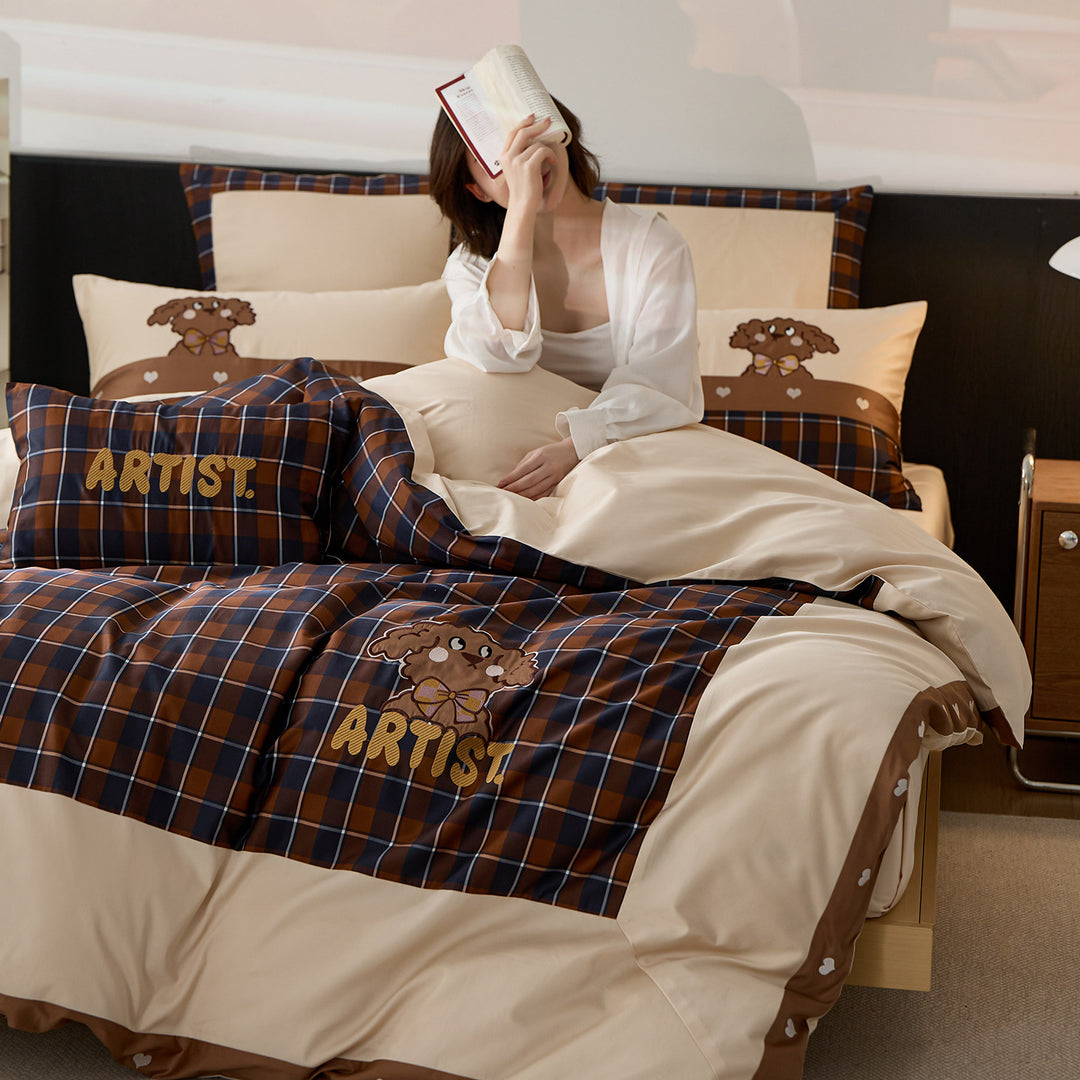 Plaid Cotton Sateen Duvet Cover Set with Embroidered Cartoon Dog and Matching Pillow Shams