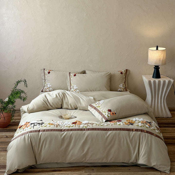 Cotton-Sateen Embroidered Scalloped Lace-Trim Duvet Cover Set with Garden Motif & Pillow Shams