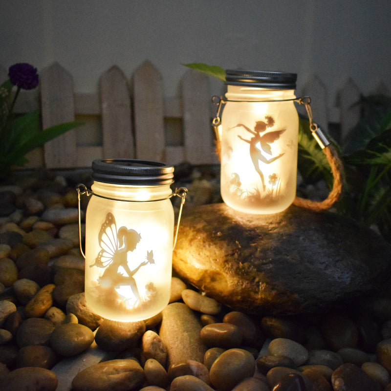 Hanging Frosted Mason Jar Solar LED Fairy Silhouette Lantern With Rope Handle And Dynamic LED String Stornfield