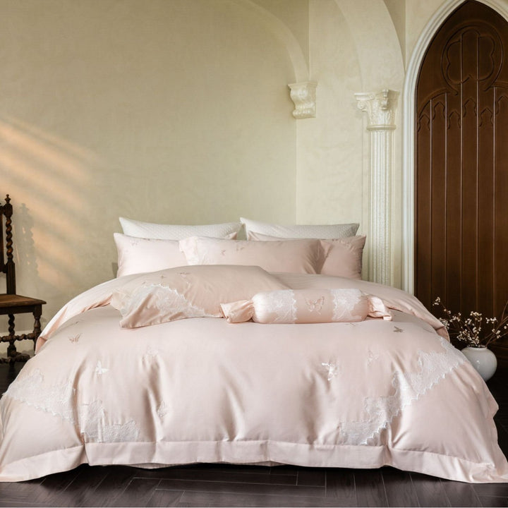 Butterfly Embroidered Lace-Trim Sateen Duvet Cover Set with Bolster Pillow