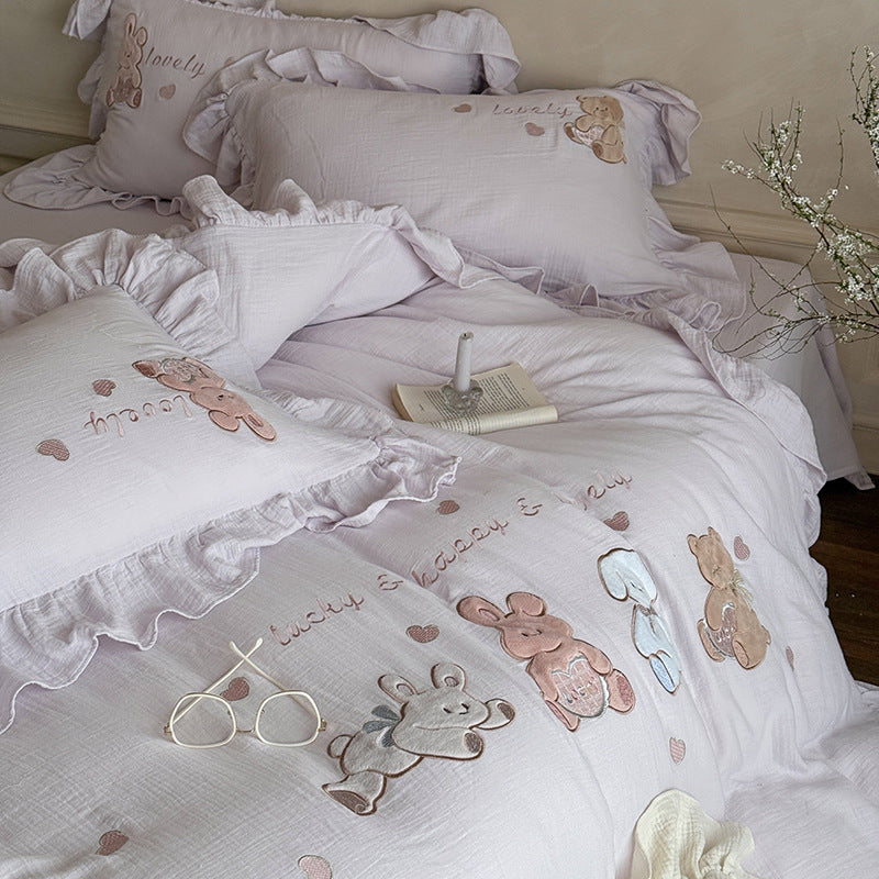 Ruffled Embroidered Cotton Duvet Cover Set with Appliqué Animals and Decorative Heart Cushion