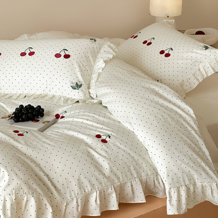 Romantic cotton satin duvet cover set with cherry embroidery, ruffle and reversible function
