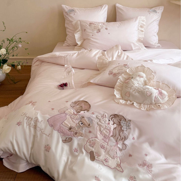 Luxurious embroidered cotton satin bed linen set with ruffles and fairy tale motif Stornfield
