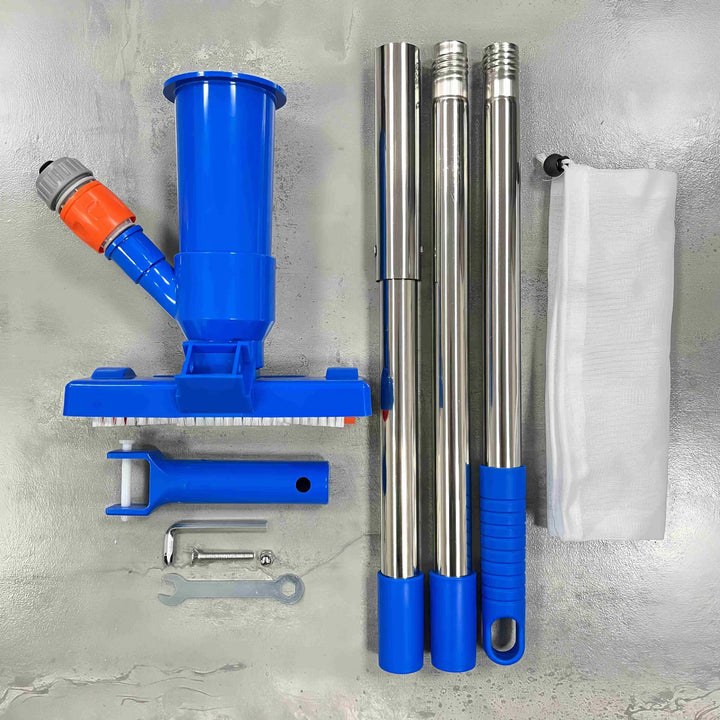 Telescopic stainless steel pool vacuum kit with brush head and fine mesh leaf bag Stornfield