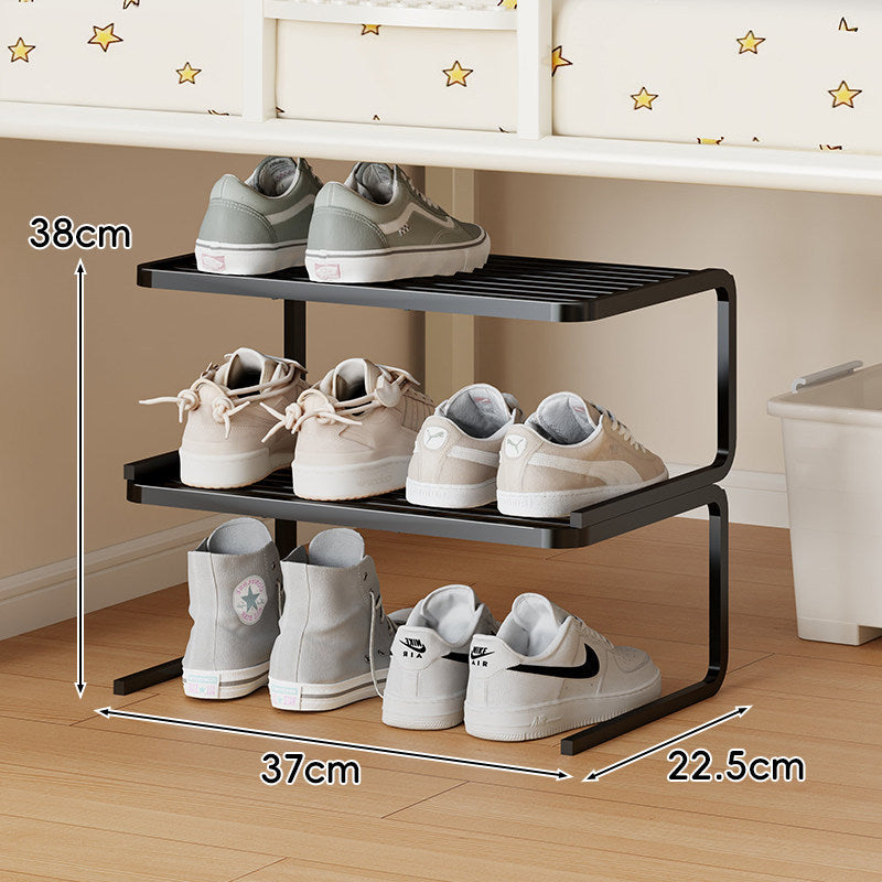 Compact Low-Profile Two-Level Metal Shoe Organizer Rack
