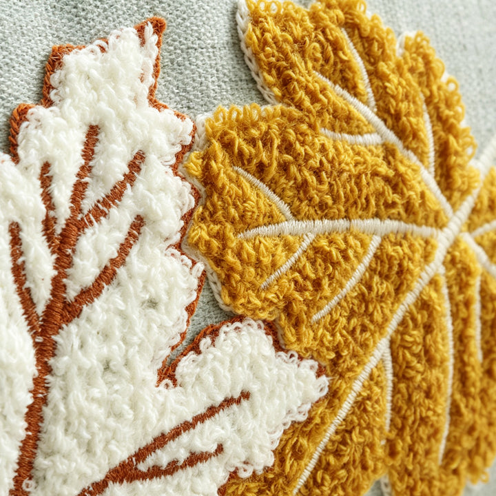 Embroidered Autumn Maple Lumbar Pillow Cover with Textured Chenille Leaf Appliqué