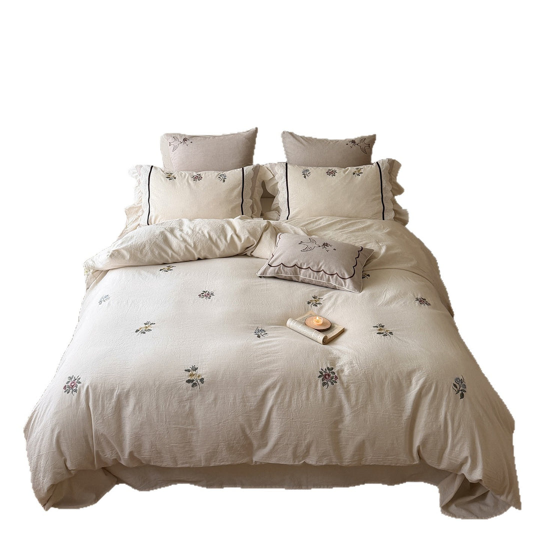 Botanical Embroidered Lightweight Stonewashed Cotton-Linen Duvet Cover Set