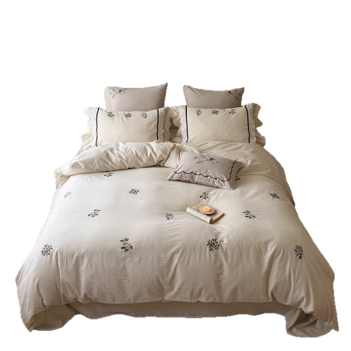 Botanical Embroidered Lightweight Stonewashed Cotton-Linen Duvet Cover Set