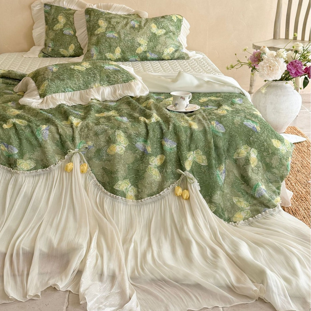 Romantic bedding set with chiffon bed skirt and butterfly print