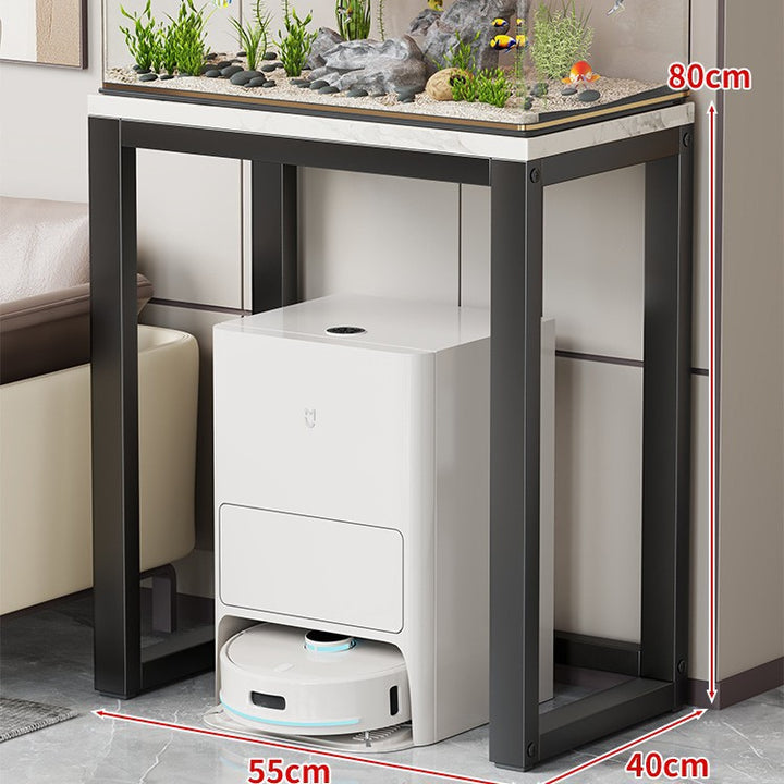 Gold Metal Aquarium Console Table with Faux Marble Top and Robot Vacuum Storage