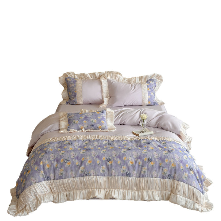 Floral duvet cover set made of cotton satin with pleated satin frill