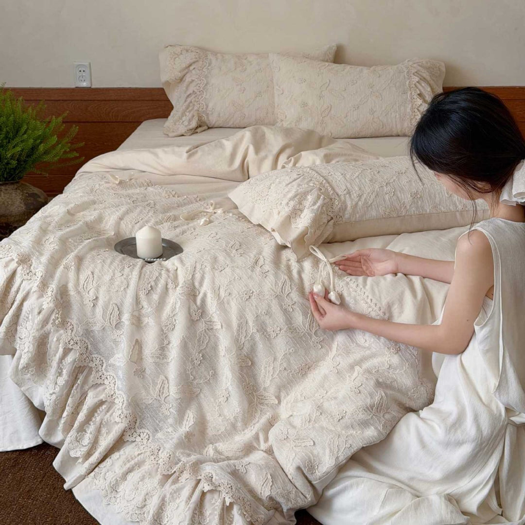 Embroidered Lace-Trim Ruffled Duvet Cover Set