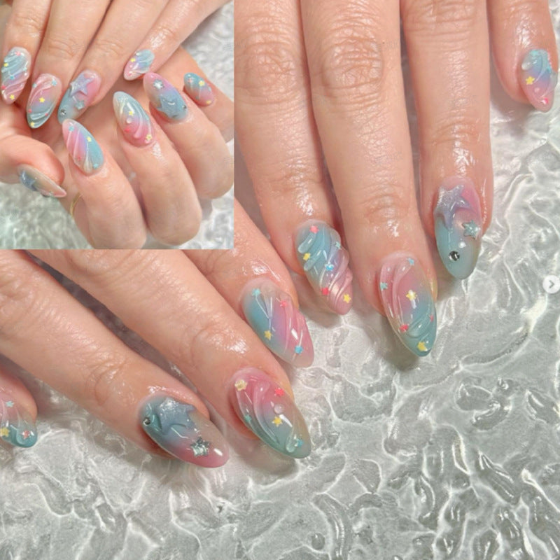 Artistic Press-On Nail Set with Star and Wave Design Stornfield