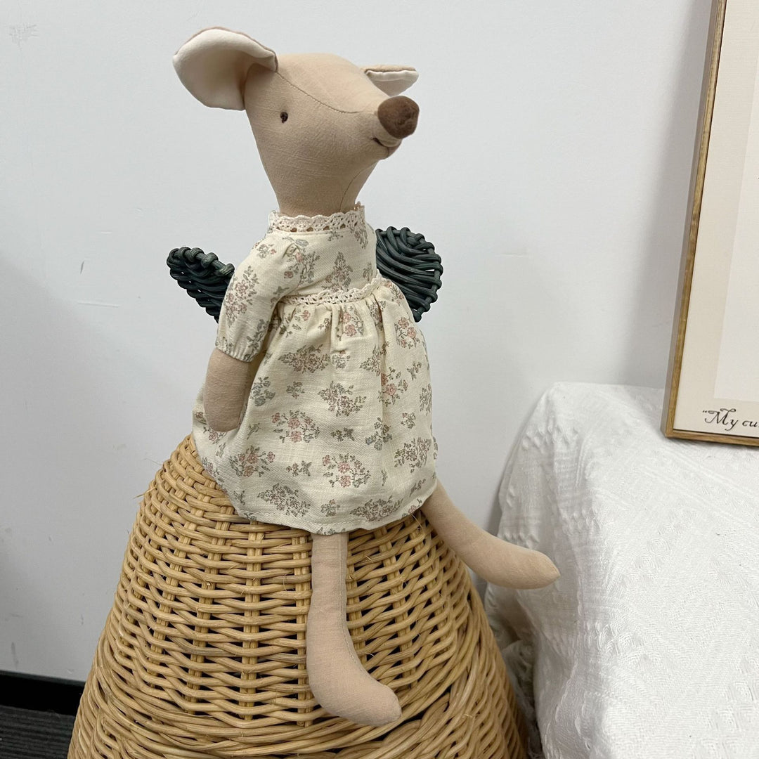 Handcrafted Linen Elephant Plush Doll with Long Limbs and Polka Dot Cotton Dress