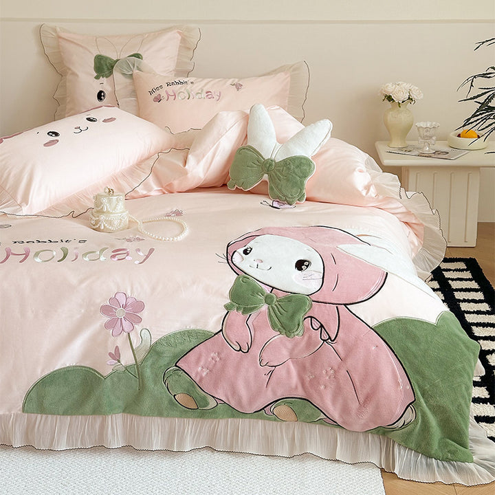 Rabbit Appliqué Cotton Sateen Duvet Cover Set with Plush Accents