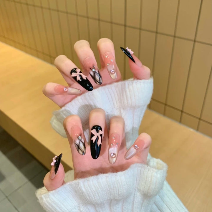 Artistic Press-On Nail Set with Creative Bow and Gemstone Accents Stornfield