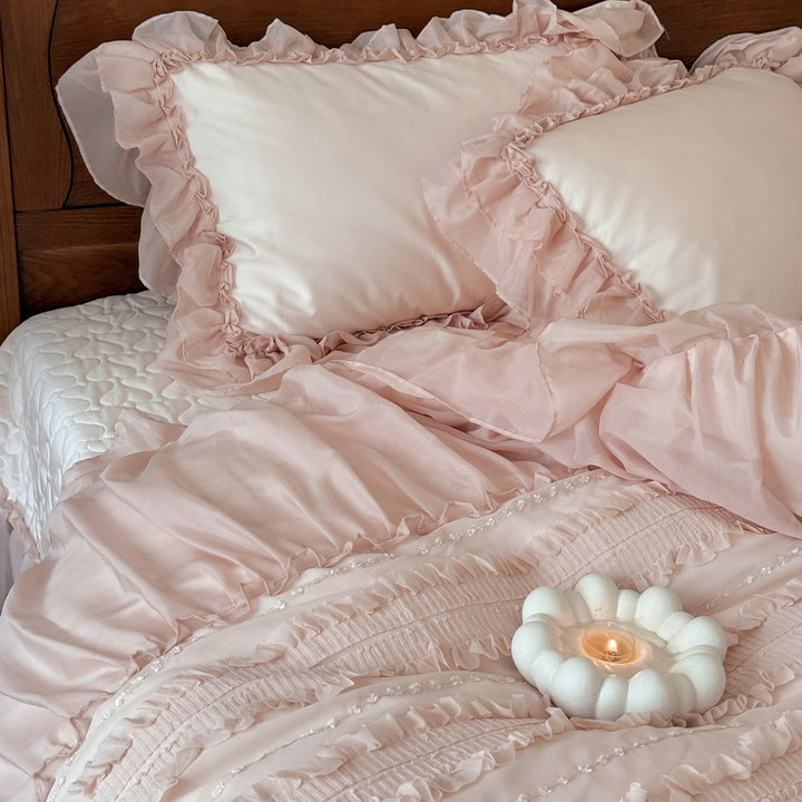 Romantic Layered Ruffle Cotton Duvet Cover Set with Pintuck Texture