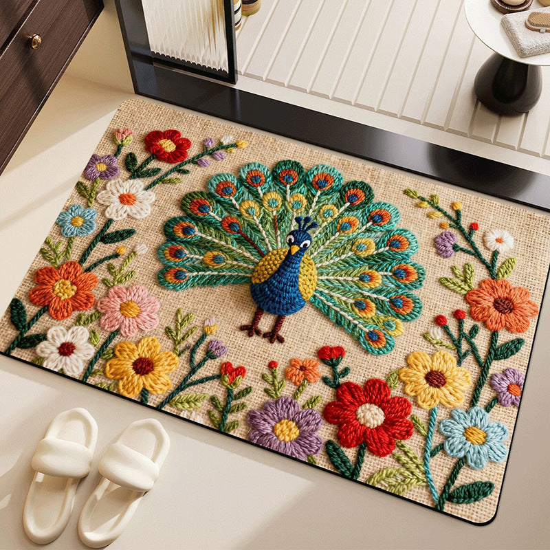 Embroidered Peacock and Floral Area Rug