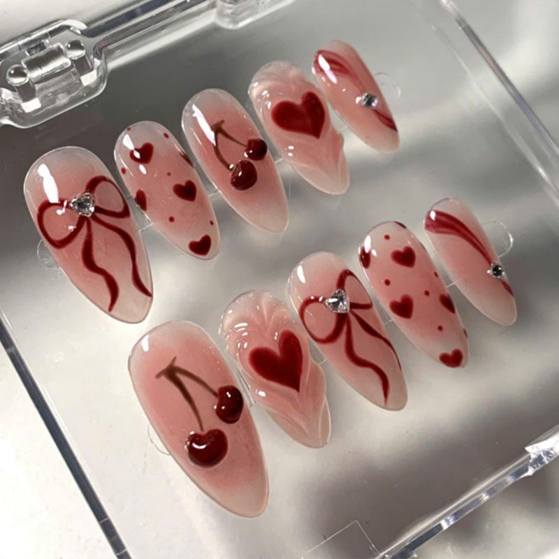 Artificial nail set with romantic heart and cherry motifs Stornfield