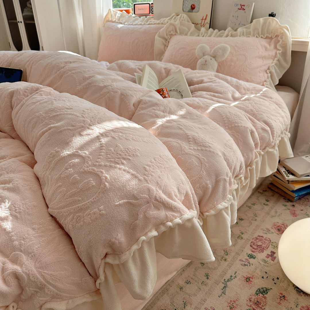 Plush Ruffled Embossed Velvet Comforter Set with Layered Frill Shams