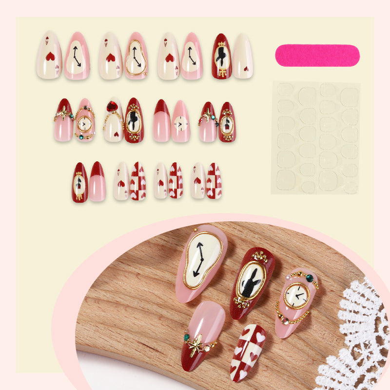 Artistic Press-On Nail Set with Creative Heart and Clock Designs Stornfield