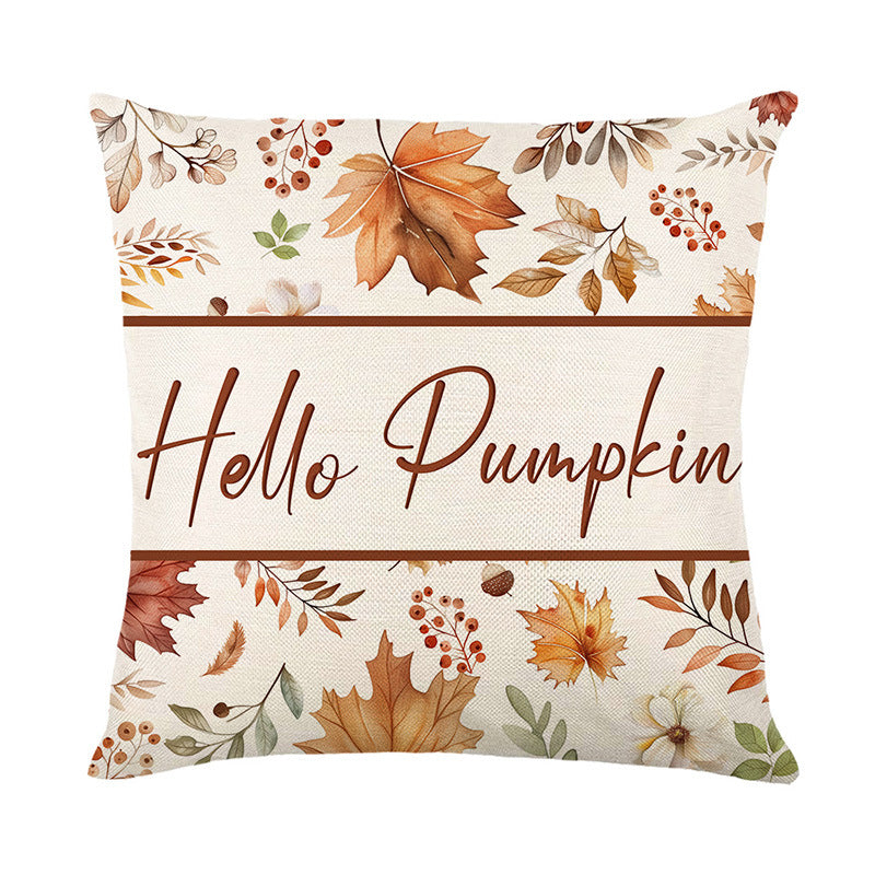 Square Cotton-Linen Autumn Botanical Pumpkin Accent Pillow Cover with Concealed Zipper