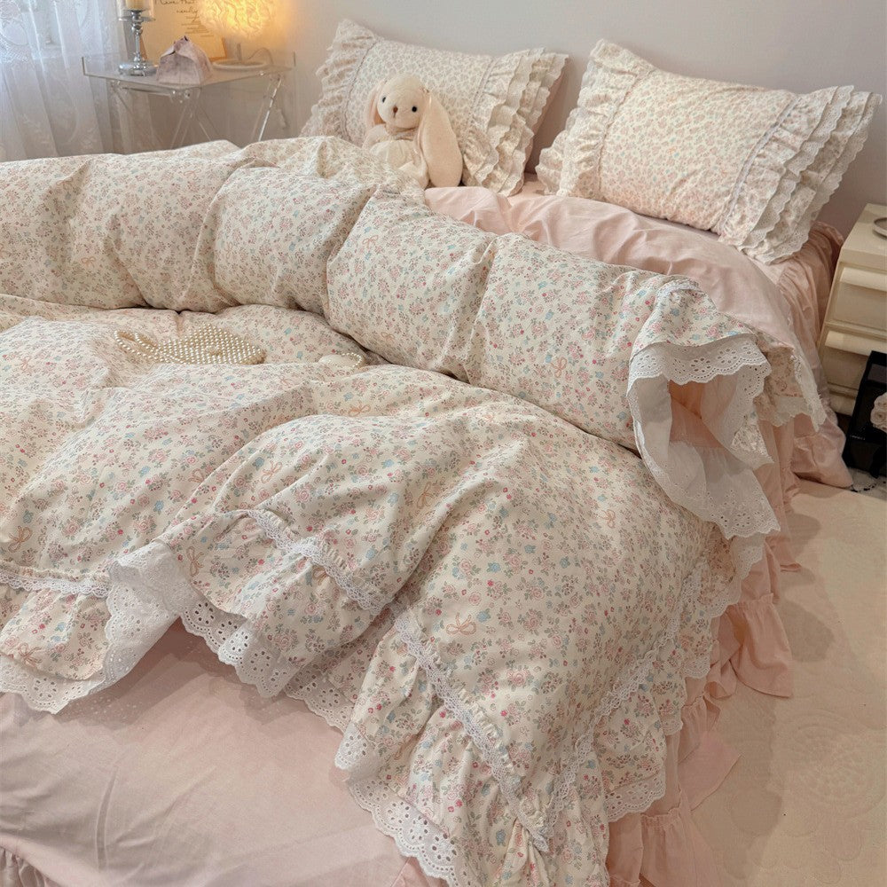 Ruffled Floral Lace-Trim Duvet Cover Set with Pillow Shams