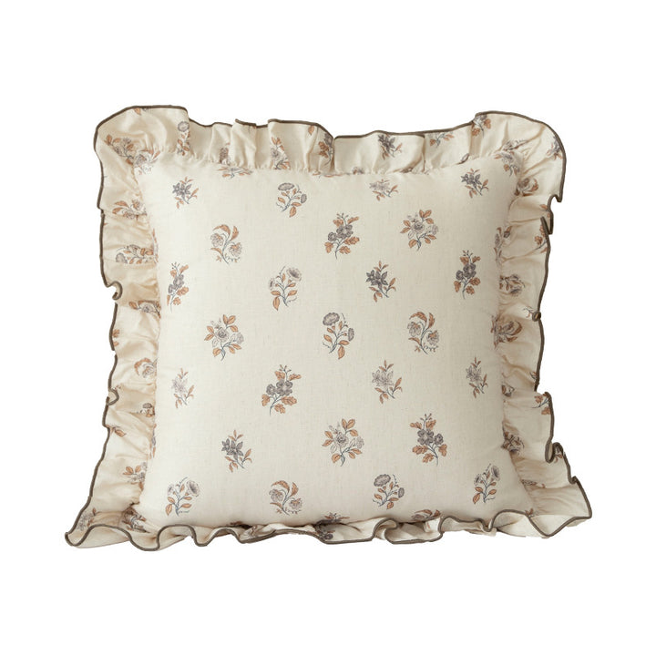 Decorative cushion with ruffles and botanical linen pattern Stornfield