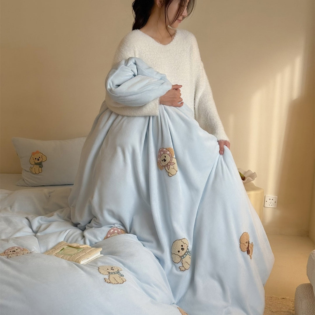 Cute Embroidered Puppy Cotton-Sateen Duvet Cover Set