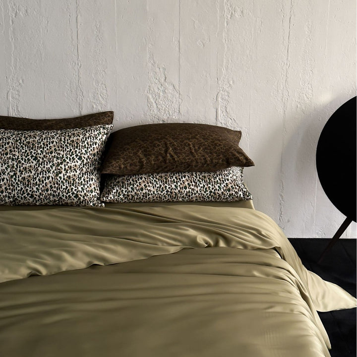 Silky Satin Bed Sheet and Leopard-Accent Pillowcase Set
