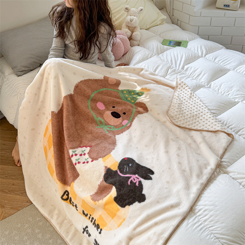 Reversible Plush Sherpa Throw Blanket with Cartoon Cat Design