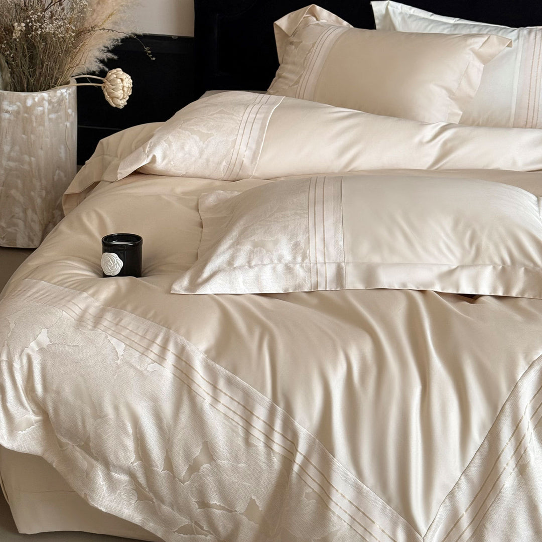 Luxury Satin Jacquard Floral Duvet Cover Set with Pleated Bed Skirt