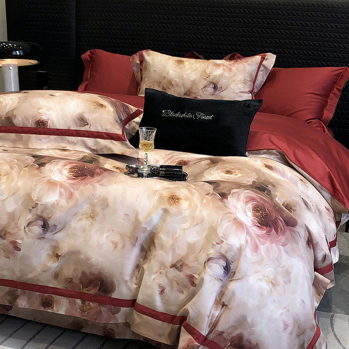 Satin bedding set with watercolor rose design, hotel closure and contrast piping