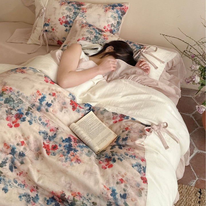 Floral Ruffled Cotton-Linen Duvet Cover Set with Tied Pillow Shams and Ruffled Bedskirt