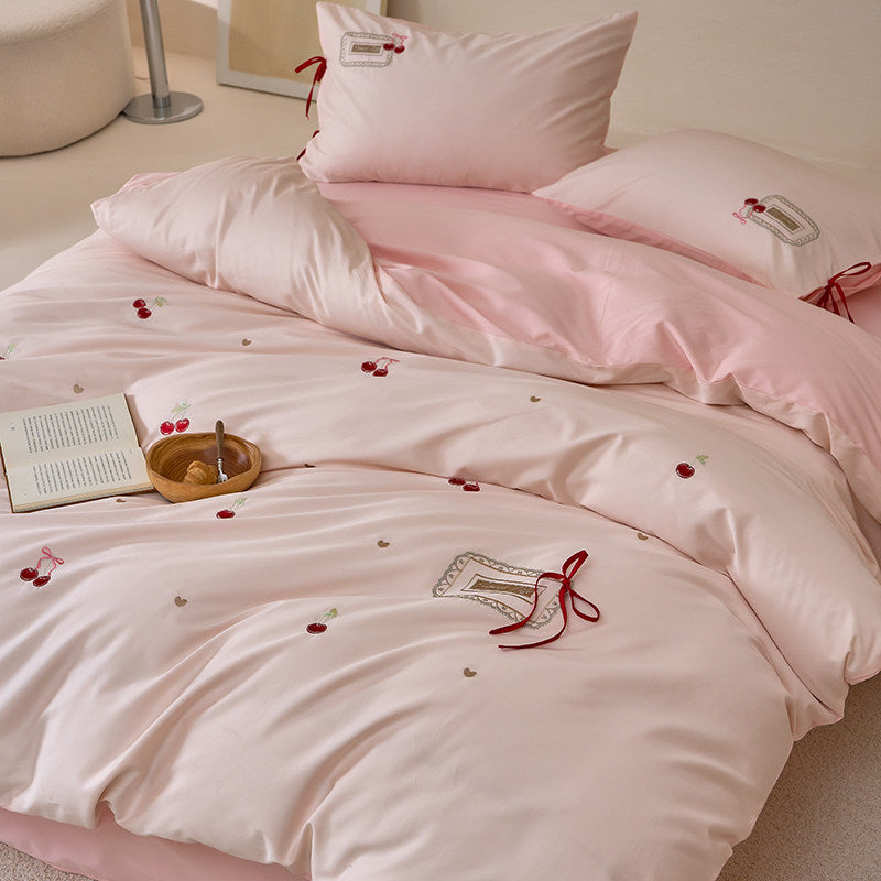 Embroidered Cherry Motif Cotton Percale Duvet Cover Set with Ribbon-Tie Pillow Shams