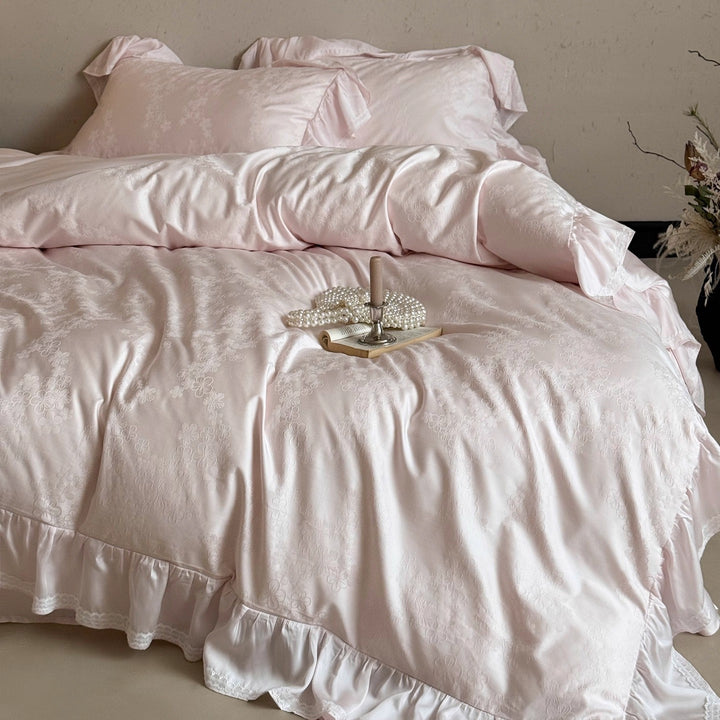 Ruffled Satin-Jacquard Duvet Cover Set with Scalloped Lace-Trim Pillow Shams