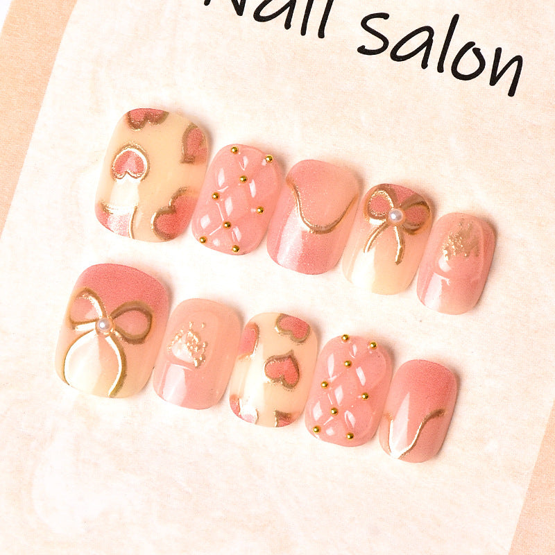 Elegant Heart and Ribbon-Themed Press-On Nail Set Stornfield