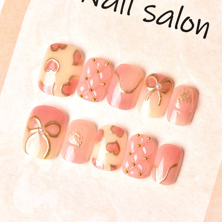 Elegant Heart and Ribbon-Themed Press-On Nail Set Stornfield